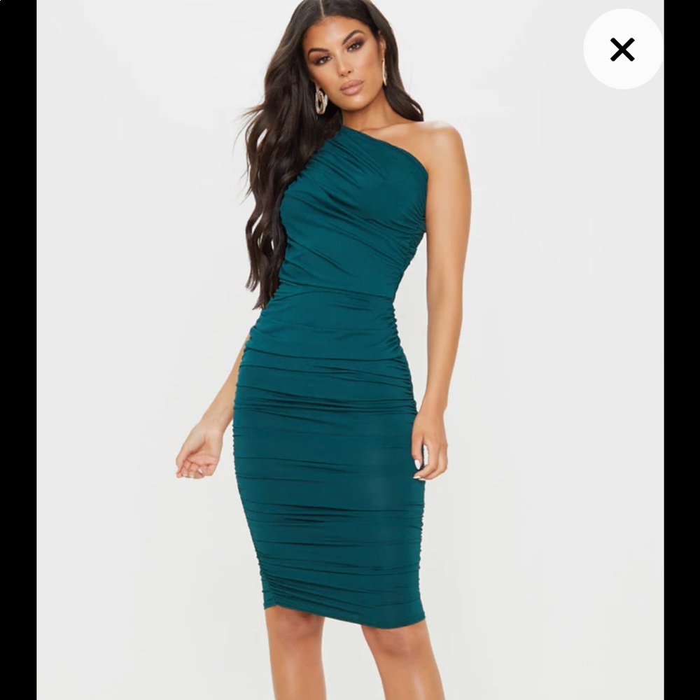 Reposh NWT Emerald Green Slinky Ruched One Shoulder Longline Midi Dress